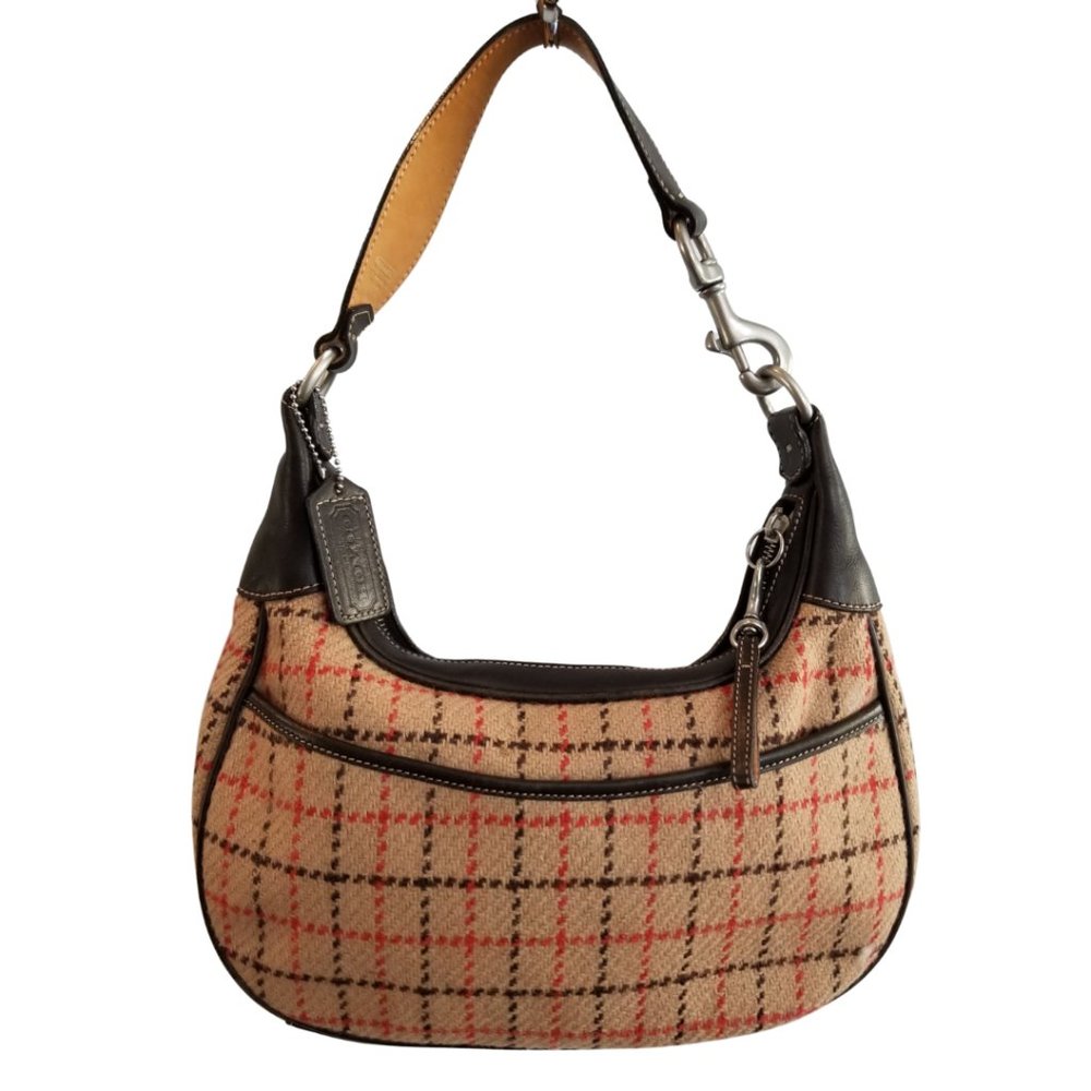 COACH TATTERSALL PLAID WOOL Shoulder Bag Brown Tan Zip Top